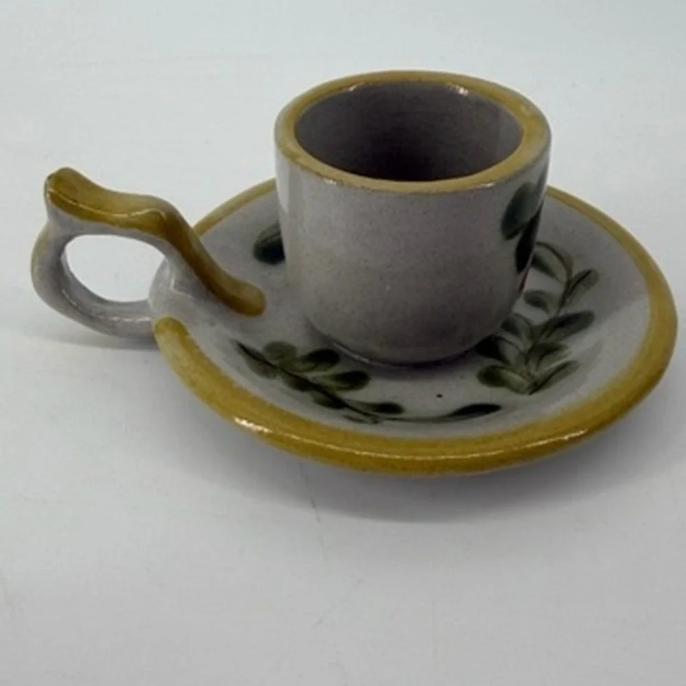 Louisville Stoneware Miniature Cup and Saucer Hand Painted Floral Gray Yellow